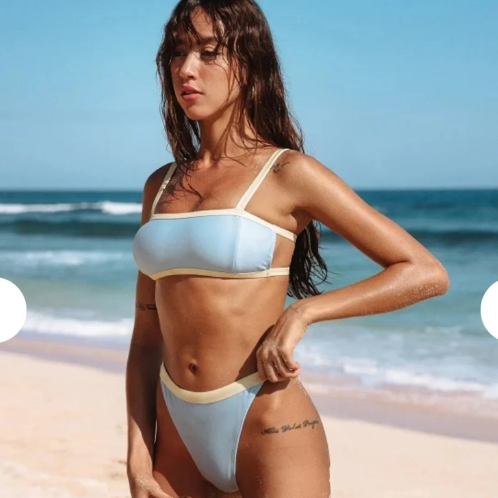 Light Blue Bikini Set with Cream Trim - Women's Swimwear